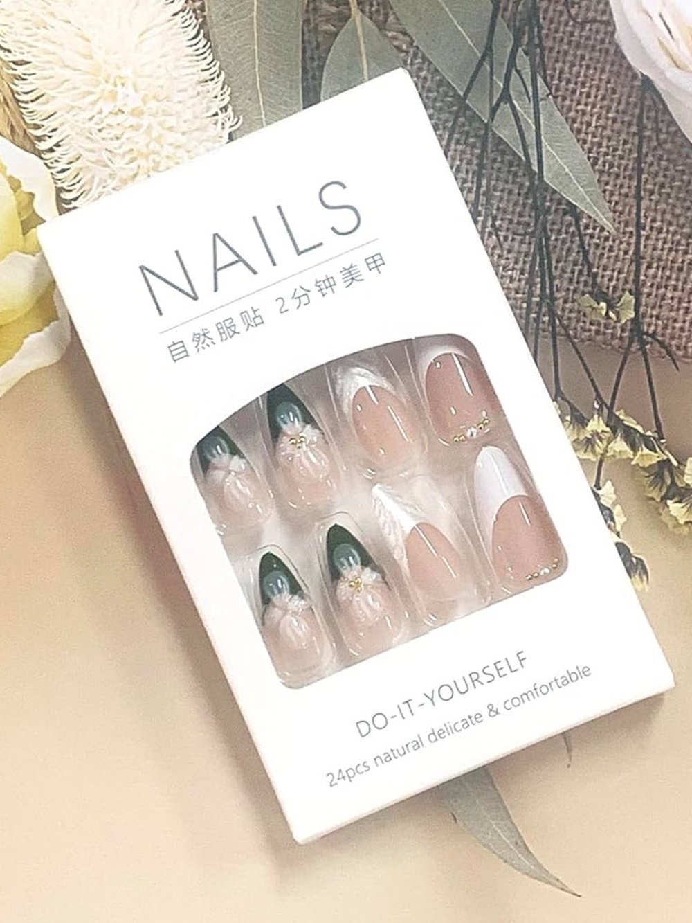 Floral Green Accent Press-On Almond Nails - 24pc
